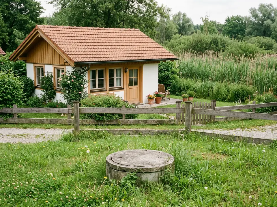 Egyszintes nyaraló alacsony kerítés mögött, előtérben füves udvar és betonakna fedele